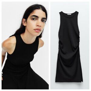 Zara Black Ribbed High Neck Ruched Slit Side Sleeveless Tunic Dress